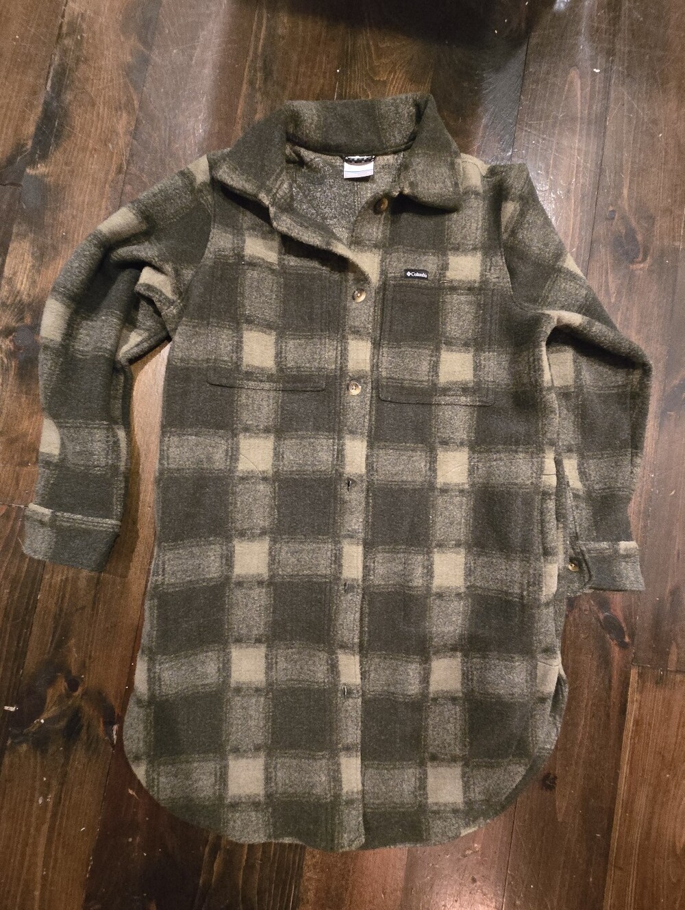 Columbia Wildest Venture Long Fleece Coat Shacket Plaid Green Beige XS